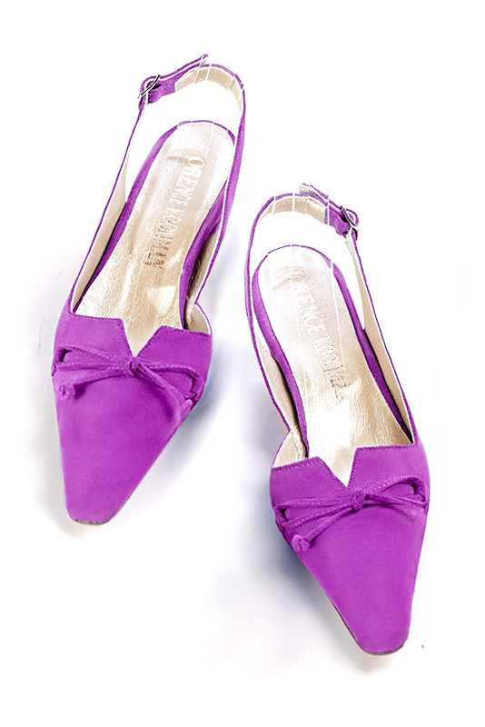 Mauve purple women's open back shoes, with a knot. Tapered toe. Low kitten heels. Top view - Florence KOOIJMAN
